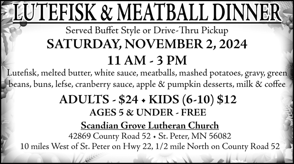 Lutefisk & Meatball Dinner in St. Peter, Nov. 2 (11 am - 3 pm)